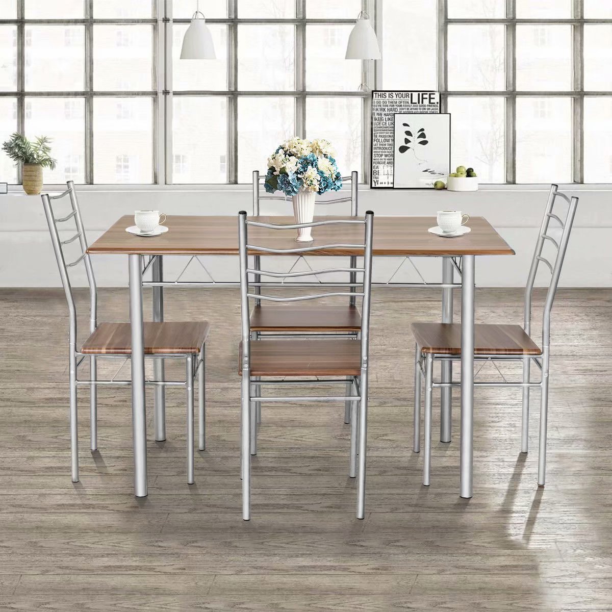 5 Piece Dining Table Set Wood Metal Kitchen Breakfast Furniture w/4 Chair Walnut