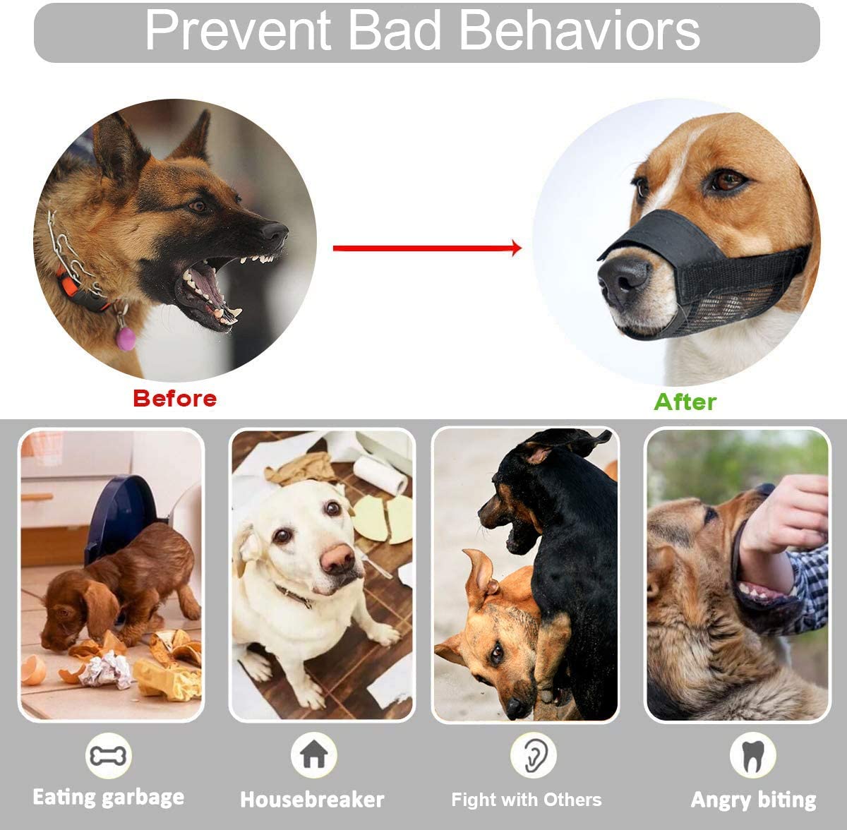 噛みつき防止犬用口輪、ナイロン製ソフト犬用口輪、安全、調節可能なループ、通気性のあるメッシュ生地、小型から大型犬まで噛みつき防止、吠え防止、舐め防止