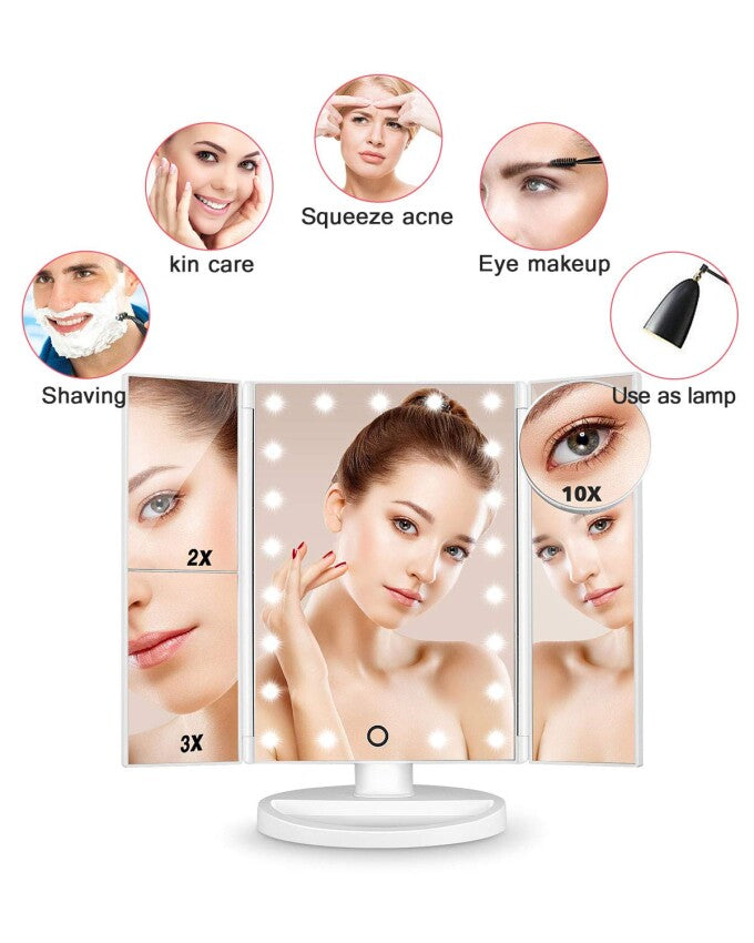 SKONYON バニティミラー ライト付き メイクアップミラー 10倍 3倍 2倍 1倍 拡大鏡 22個のLEDライト付き 三つ折りミラー タッチスクリーン付き 明るさ調節可能&スタンド付き デュアル電源モード ホワイト