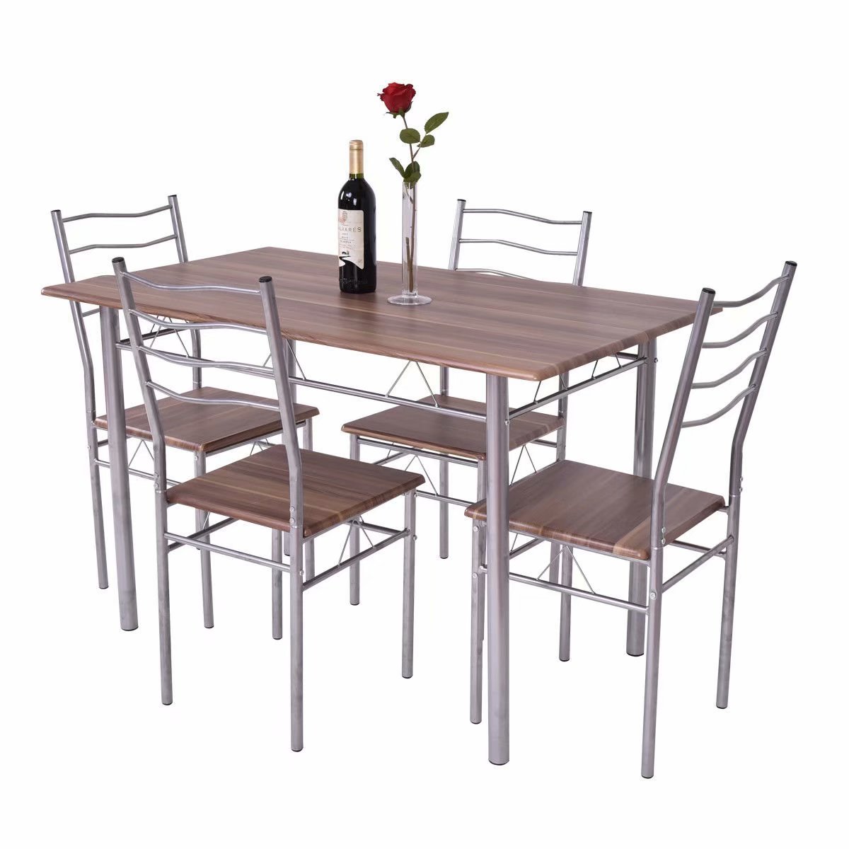 5 Piece Dining Table Set Wood Metal Kitchen Breakfast Furniture w/4 Chair Walnut
