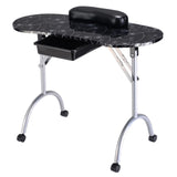 Foldable Portable Manicure Table with Drawer Casters and Cushion-Black