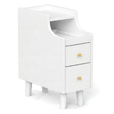 Solid Wood Night Side Table Narrow Bedside Table Nightstand with Pull-out Tray and 2 Storage Drawers-White