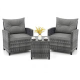 3 Pieces Outdoor Wicker Conversation Set with Tempered Glass Tabletop-Gray