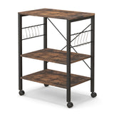 3-Tier Kitchen Bakers Rack Microwave Oven Storage Cart with Hooks-Rustic Brown