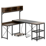 L-Shaped Computer Desk with Power Outlets 62 Inches Corner Desk with Storage Hutch-Brown