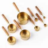 8 Piece Gold Measuring Cups and Spoons Set, Premium Stainless Steel Measuring Cups with Wood Handles, 4 Stackable Wooden Measuring Cups and 4 Measuring Spoons Set