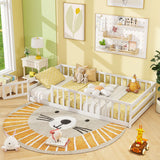 Twin Size Kids Wood Montessori Floor Bed with Door and Fence-White