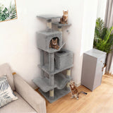 57 Inch Cat Tree with Dual Condos and Hammock and 2 Dangling Balls-Light Gray