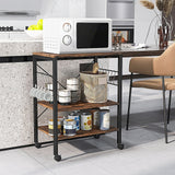 3-Tier Kitchen Bakers Rack Microwave Oven Storage Cart with Hooks-Rustic Brown