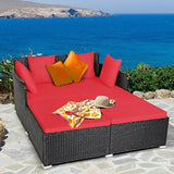 Spacious Outdoor Rattan Daybed with Upholstered Cushions and Pillows-Red