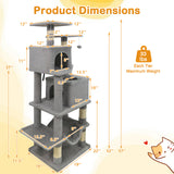 57 Inch Cat Tree with Dual Condos and Hammock and 2 Dangling Balls-Light Gray