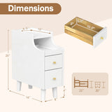 Solid Wood Night Side Table Narrow Bedside Table Nightstand with Pull-out Tray and 2 Storage Drawers-White