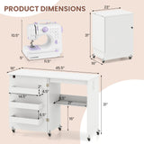 Sewing Machine Table with Charging Station and Lockable Casters-White