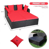 Spacious Outdoor Rattan Daybed with Upholstered Cushions and Pillows-Red