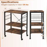 3-Tier Kitchen Bakers Rack Microwave Oven Storage Cart with Hooks-Rustic Brown
