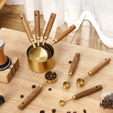 8 Piece Gold Measuring Cups and Spoons Set, Premium Stainless Steel Measuring Cups with Wood Handles, 4 Stackable Wooden Measuring Cups and 4 Measuring Spoons Set