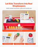 Kids Grocery Store Playset, Wooden Play Store with Shopping Bag, Kids Supermarket Pretend Play Toy Set with Conveyor Belt, Scanner, Cash Register, Realistic Scale, Gift for Boys  Girls