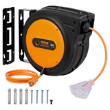 Retractable Extension Cord Reel, 65 FT, Heavy Duty 12AWG/3C SJTOW Retractable Power Cord with Lighted Triple Tap Outlet, 15 Amp Circuit Breaker 180 Swivel Bracket for Ceiling or Wall Mount