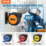 Retractable Extension Cord Reel, 65 FT, Heavy Duty 12AWG/3C SJTOW Retractable Power Cord with Lighted Triple Tap Outlet, 15 Amp Circuit Breaker 180 Swivel Bracket for Ceiling or Wall Mount