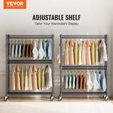 Heavy Duty Clothes Rack, Rolling Clothing Garment Rack with 3 Storage Tiers, 2 Rods and 2 Pairs Side Hooks, Adjustable Height Clothing Rack Closet for Hanging Clothes, 400 Lbs Load Capacity