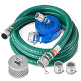 Suction Hose Kit for Water Pump, with 2 in x 50 ft Blue Backwash Hose, 20 ft Green Suction Hose, and Steel Round Hole Strainer, Camlocks, Clamps, Cam  Groove Adapter, for Multiple Purposes