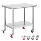 Stainless Steel Work Table 35 x 24 x 33 Inch, 700 LBS Load Capacity with 4 Wheels, 3 Adjustable Height Levels, Heavy Duty Food Prep Worktable for Commercial Kitchen Restaurant, Silver