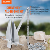 Fluke Style Anchor Kit, 13 LBS Hot-Dipped Galvanized Steel Fluke Anchor with 7.9 Chain, 101 Rope and Two 0.4in Shackles, Marine Boat Anchor for Small Vessels Under 30, Seas, Rivers and Shores