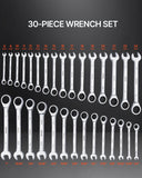 Combination Wrench Set, 30-Piece Ratcheting Wrench Set with Organizer Rack, Cr-V Steel Wrench Set SAE 1/4in to 1in, Metric 8 mm to 24 mm, Ideal for General Household, Garage, Workshop, Emergency