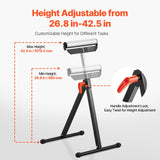 2-Pack Roller Stands, 135 lb Load Capacity, 26.8-42.5 Adjustable Height, Folding Heavy Duty Design with 11.5 in Polished Steel Roller Head, for Table Saw Outfeed Woodworking Extension Support