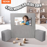 Kids Couch, 4Pcs Modular Kids Play Couch, Toddler Couch Sofa Bed, Kids Chair Seat Playroom Furniture, Child Sectional Sofa with Removable Cover for Kids Girls  Boys, Grey