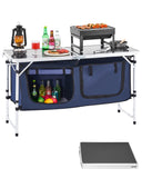 Camping Kitchen Table, Folding Outdoor Cooking Table, 3 Adjustable Height, Aluminum Lightweight Portable Cook Station with Storage Organizer, Carry Handle, for BBQ Party Picnic RV Travel, Blue