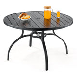Outdoor Patio Dining Table, 47 inch Round Metal Steel Slat Backyard Bistro Tables, with 1.5 in Umbrella Hole, Outside All-Weather Large Furniture for Lawn Garden Porch, Black