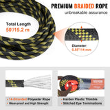 Vertical Lifeline Assembly, 0.55 x 50 Fall Protection Rope with 30 KN Breaking Tension, Polyester Roofing Rope with Steel Snap Hooks, Rope Grab, and Shock Absorber, ANSI Compliant