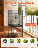 Bird Cage, 24.6 x 16.7 x 53.9 inch, Flat Top, Wrought Iron Bird Flight Cage with Perches, Slide-Out Tray and Plastic Feeders, Casters, for Parrot, Blue Tit, Cockatiel, Canary, Budgerigar, Conure