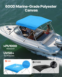 3 Bow Boat Bimini Tops, 600D Polyester Canopy with Aluminum Alloy Frame, Waterproof  Sun Shade Boat Awning Canopy with Storage Bag, 2 Support Poles, 4 Straps, 6Lx(67in-72in)Wx46inH, Pacific Blue