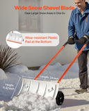 Snow Pusher Shovel with Wheels, 24 in Wheeled Snowplow Shovel with Bi-Directional Angled Blade  90 Degree Adjustable Handle, Metal Winter Shovels, Portable Snow Removal Tool for Driveway Garden