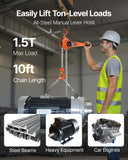Manual Lever Chain Hoist, 1-1/2T 3300LBS Capacity Heavy Duty Come Along, 10FT Lift G80 Alloy Steel Chain With Dual Pawl Mechanical Brake,360Rotating Hooks, for Warehouse Construction Garage