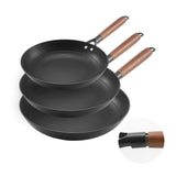 Cast Iron Skillet, 3-Piece Frying Pan Set (8, 10, 12 in), Nonstick Skillets with Detachable Wood Handle, Pre-Seasoned Chefs Pan, Kitchen Cookware for Gas, Electrical, and Induction, Black