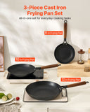 Cast Iron Skillet, 3-Piece Frying Pan Set (8, 10, 12 in), Nonstick Skillets with Detachable Wood Handle, Pre-Seasoned Chefs Pan, Kitchen Cookware for Gas, Electrical, and Induction, Black