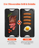 Reversible Grill/Griddle, 20x10 inch Pre-Seasoned Cast Iron Griddle, Portable Rectangular Pan with Handle, Family Cookware for Indoor/Outdoor Stove Top Burner, Gas, Camping BBQ, Black