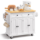 Kitchen Island Cart with Solid Wood Top, 35.4in Width Mobile Carts with Storage Cabinet, Rolling Kitchen Table with Spice Rack, Towel Rack, and Drawer, Portable Islands on Wheels, White
