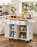 Kitchen Island Cart with Solid Wood Top, 35.4in Width Mobile Carts with Storage Cabinet, Rolling Kitchen Table with Spice Rack, Towel Rack, and Drawer, Portable Islands on Wheels, White