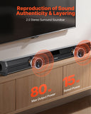 Sound Bar for Smart TV, 2.0 Channel, 32-Inch Compact Soundbar TV Speakers for Projector, Bluetooth AUX Connection, Remote Control, Easy Setup, 80W Surround Sound System for PC Home Theater Audio