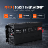 Modified Sine Wave Inverter, 3000Watt, DC 12V to AC 120V LCD Display Power Inverter with 3 AC Outlets 2 USB Port 1 Type-C Port 10 Spare Fuses, for Large Household Equipment, CE FCC Certified