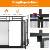 3-Panel Folding Wrought Iron Fireplace Screen with Doors and 4 Pieces Tools Set