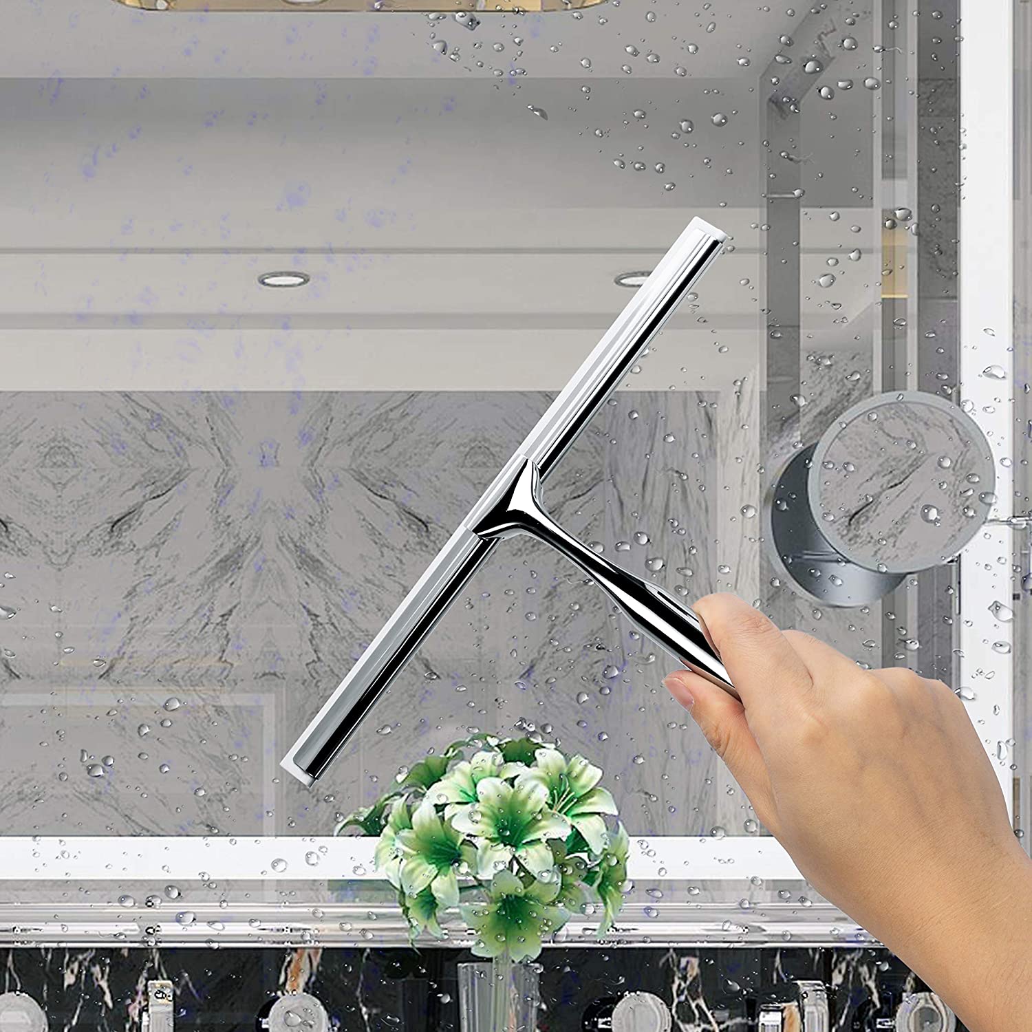 SKONYON Shower Squeegee Clear Glass Wall Cleaner Stainless Steel
