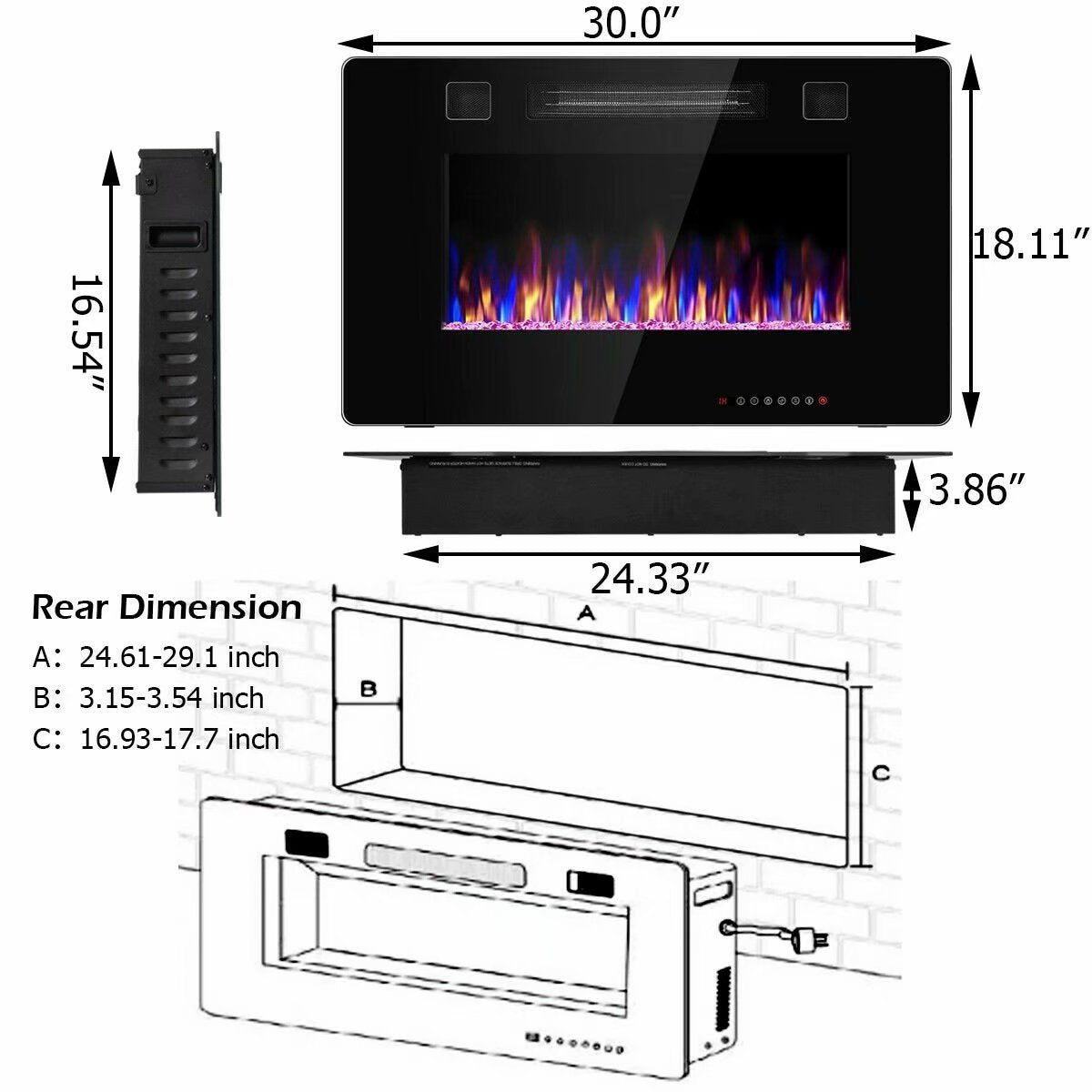 Electric Fireplace Recessed Ultra Thin Wall Mounted Heater