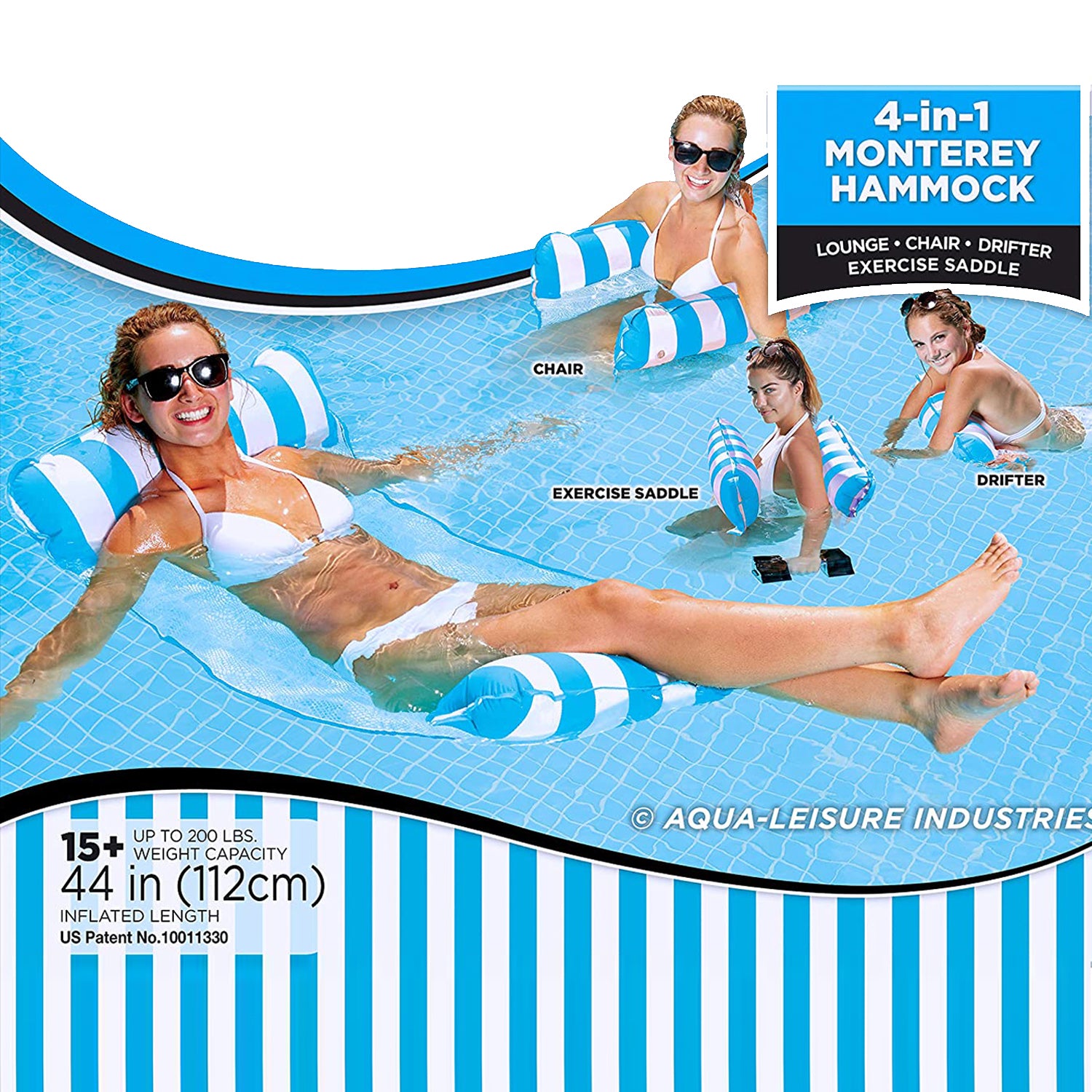 SKONYON 4-in-1 Monterey Hammock Inflatable Pool Float, Light Blue/White Stripe