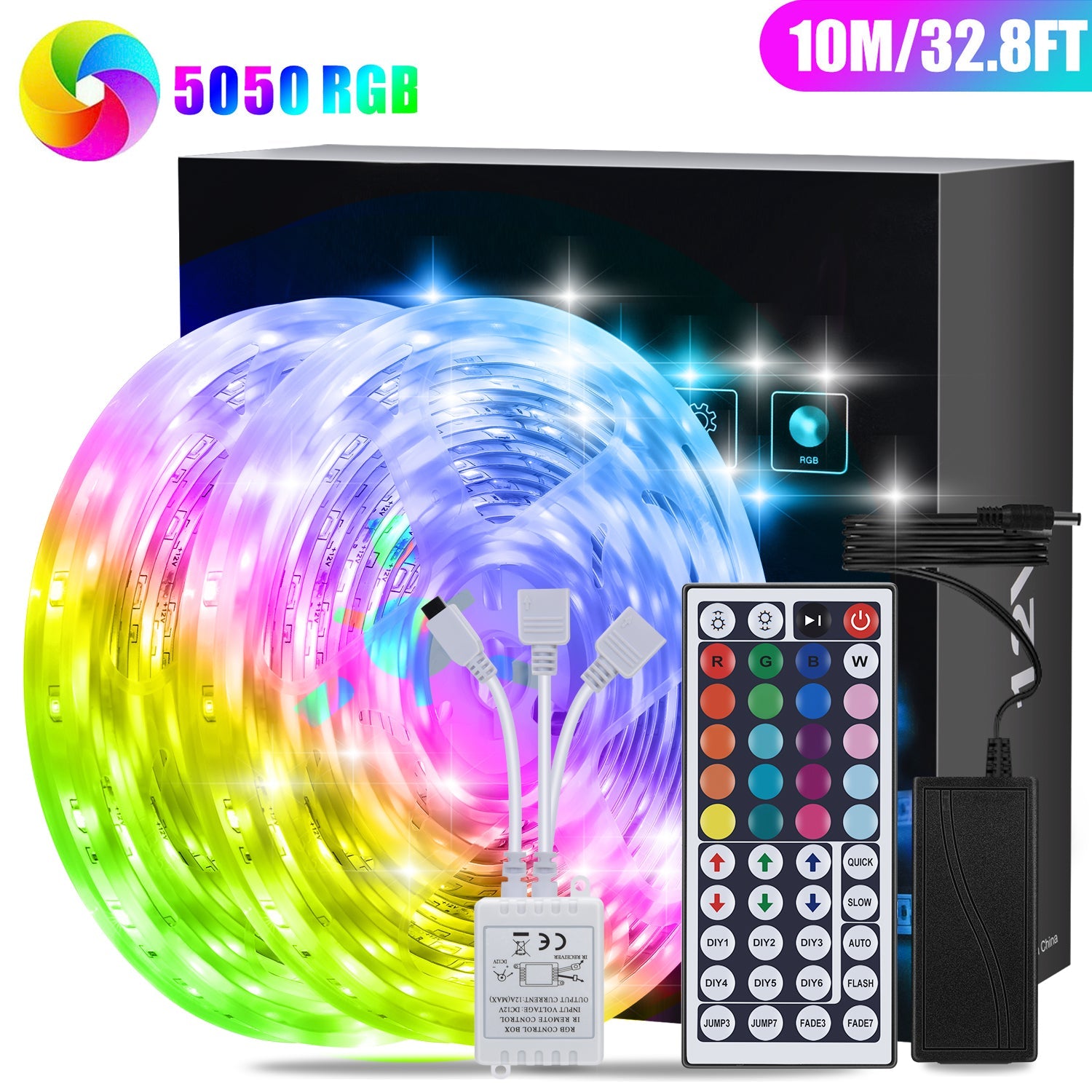 Led Strip Lights 32.8 Feet with 44Keys Remote and 12V Power Supply, Bright and Multicolor RGB LED Lights for Room, Bedroom, Kitchen, Yard, Party, Home Decoration