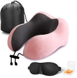 SUGIFT Travel Pillow 100% Pure Memory Foam Neck Pillow, Comfortable & Breathable Cover, Machine Washable, Airplane Travel Kit with 3D Contoured Eye Masks, Earplugs, and Luxury Bag, Standard (Pink)